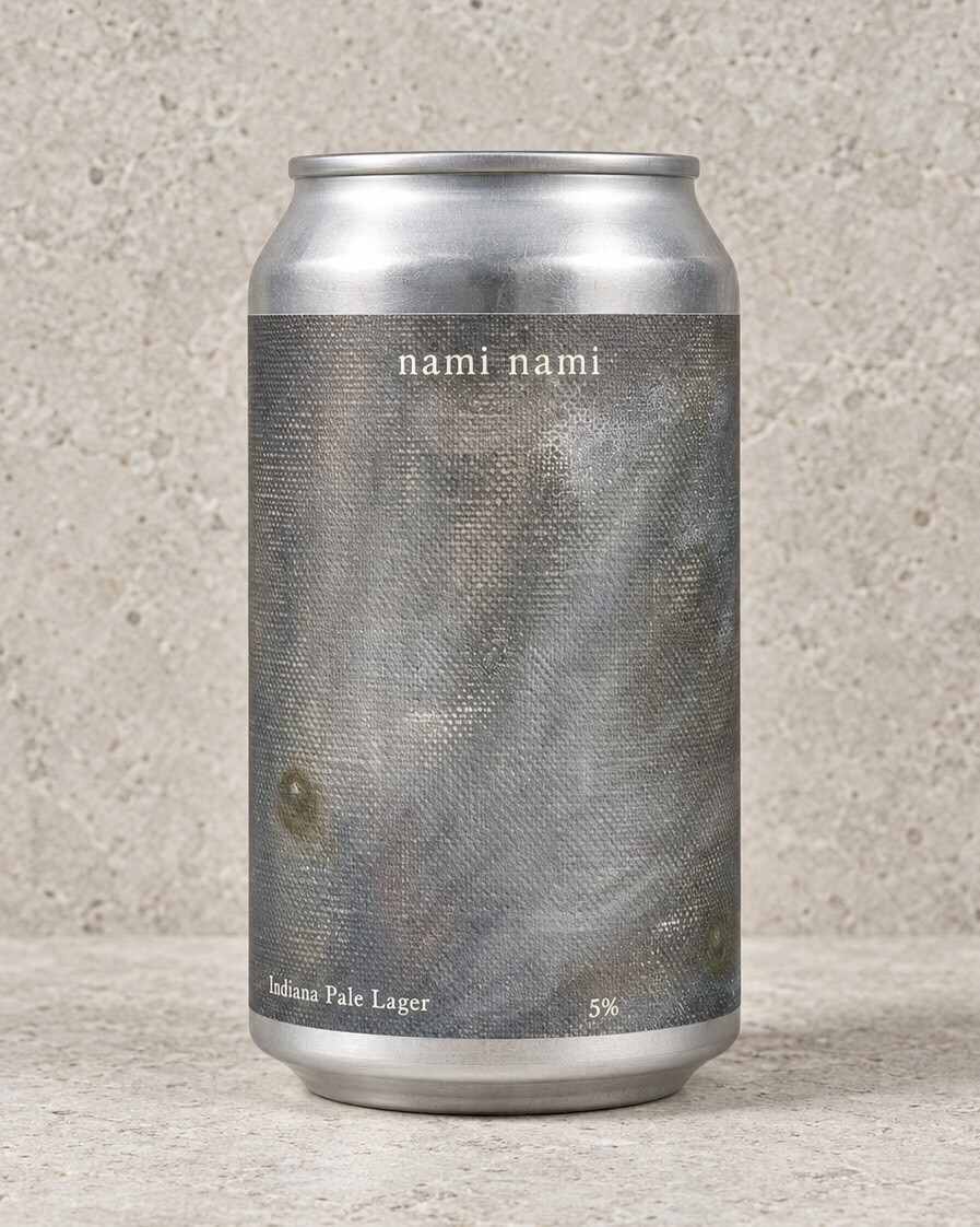 nami nami can wrapped in a muted grey oil painting on visible canvas, with faint pearl-like forms.