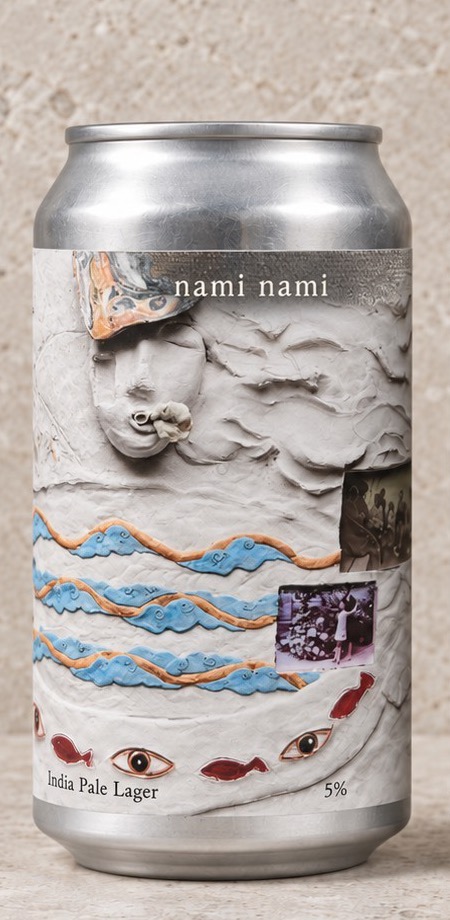 nami nami can wrapped in a clay relief: a face blowing wind, blue and orange waves, small red fish and eyes, with inset photographs.